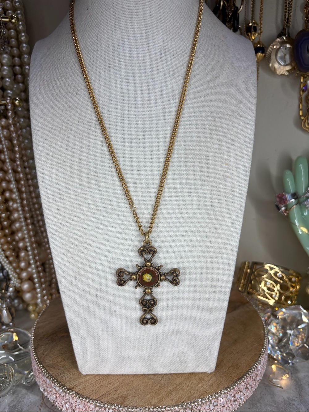 Floral Ornate Cross Necklace Antiqued Finish Religious Jewelry Vintage